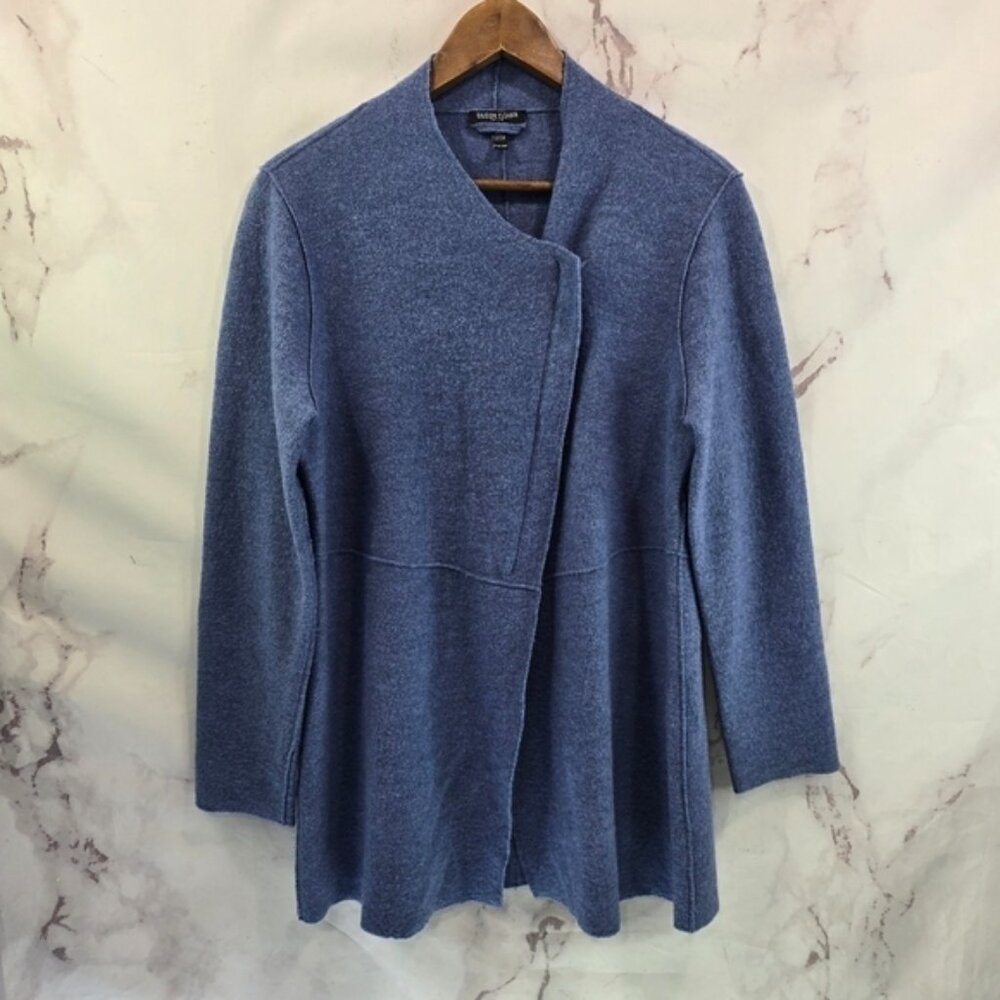 Eileen Fisher Jacket Womens Medium Petite Blue Wool Boiled Felted Zip Coat Mock
